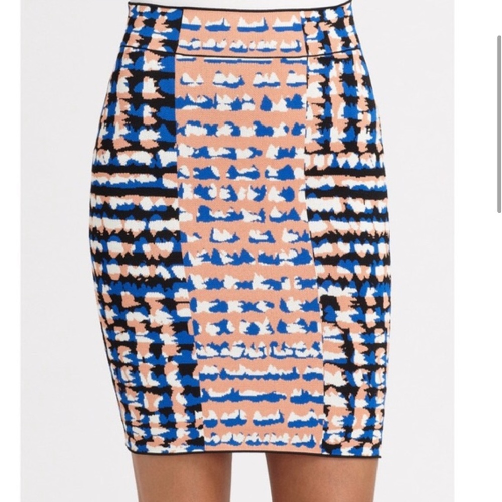 BCBGMaxAzria Blue, Peach & Black Printed Pencil Skirt